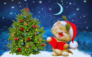 Diamond Painting Zingende kat bij een kerstboom met Ronde steentjes 100x70cm - Beste Kwaliteit